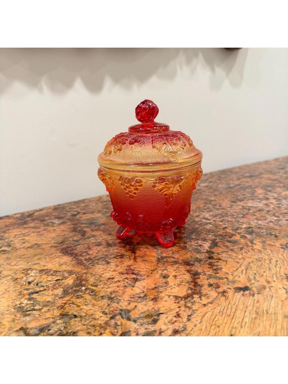 Vintage Jeannette Glass Amberina Footed Lidded Candy Dish